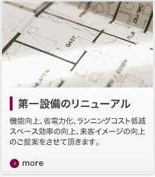 第一設備のリニューアル 機能向上、省電力化、ランニングコスト低減 スペース効率の向上、来客イメージの向上のご提案をさせて頂きます。